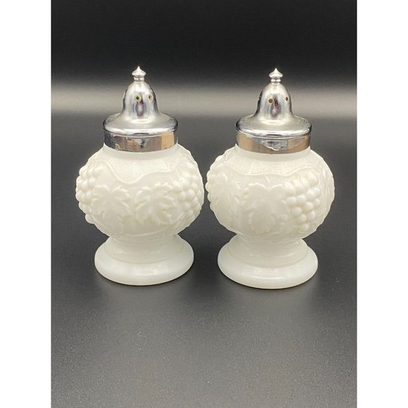 Imperial Milk Glass Salt & Pepper Shaker Set - Grape & Leaf Pattern - Picture 4 of 10